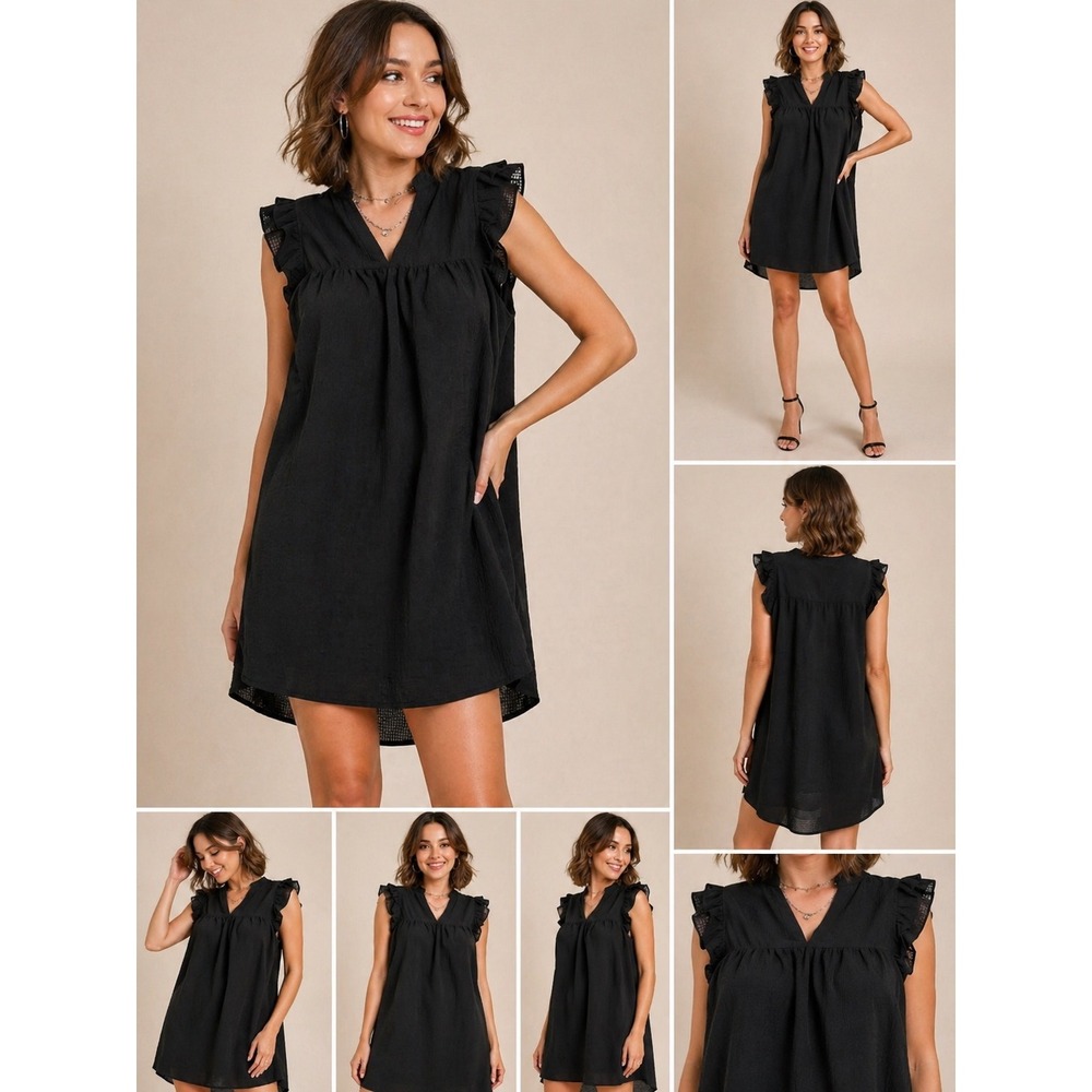 Umgee USA Black Ruffle Neck Sleeveless Mini Dress Casual Party Women's Large